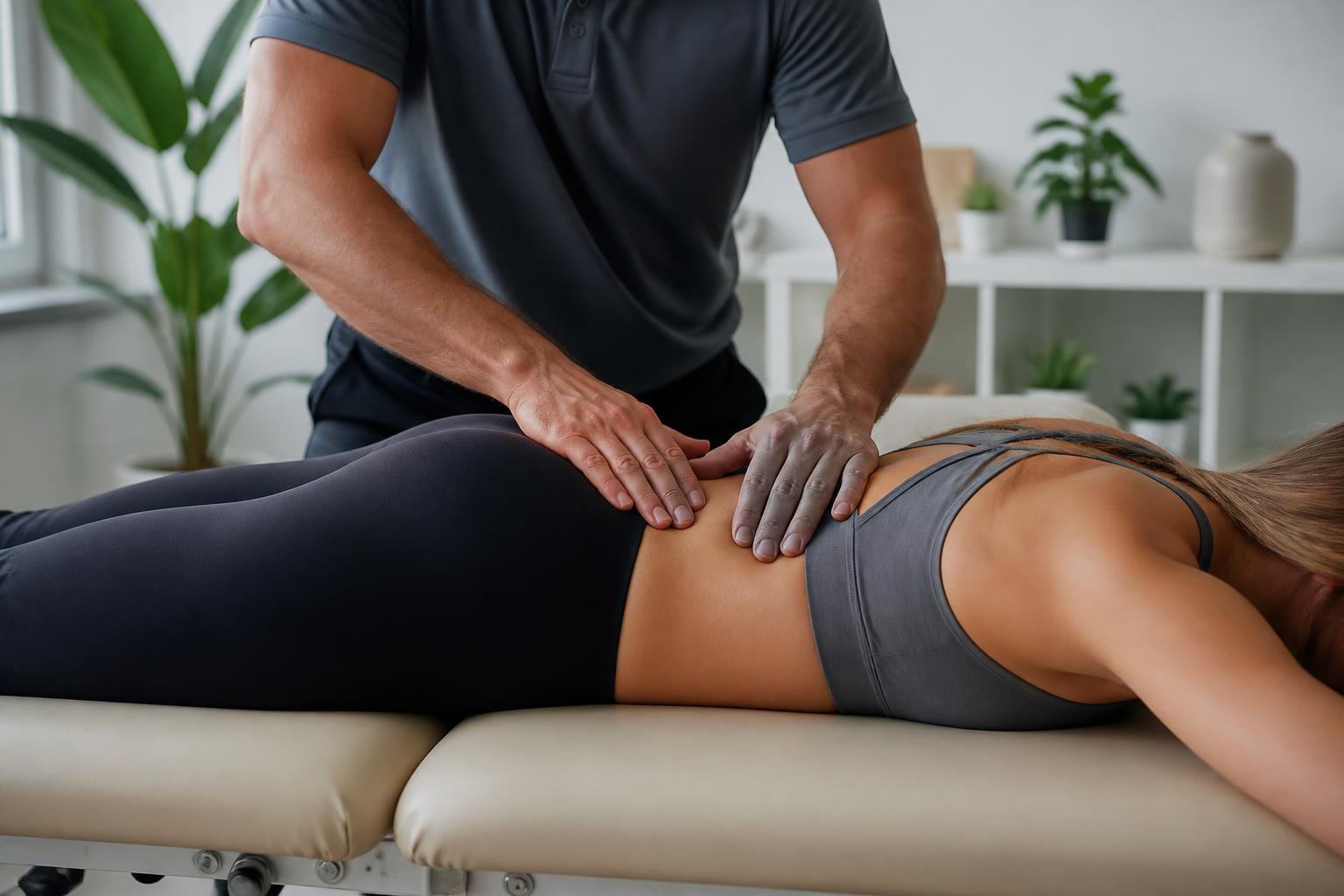 Chiropractor assessing a patient's lower back muscle spasm on a treatment table in Arvada