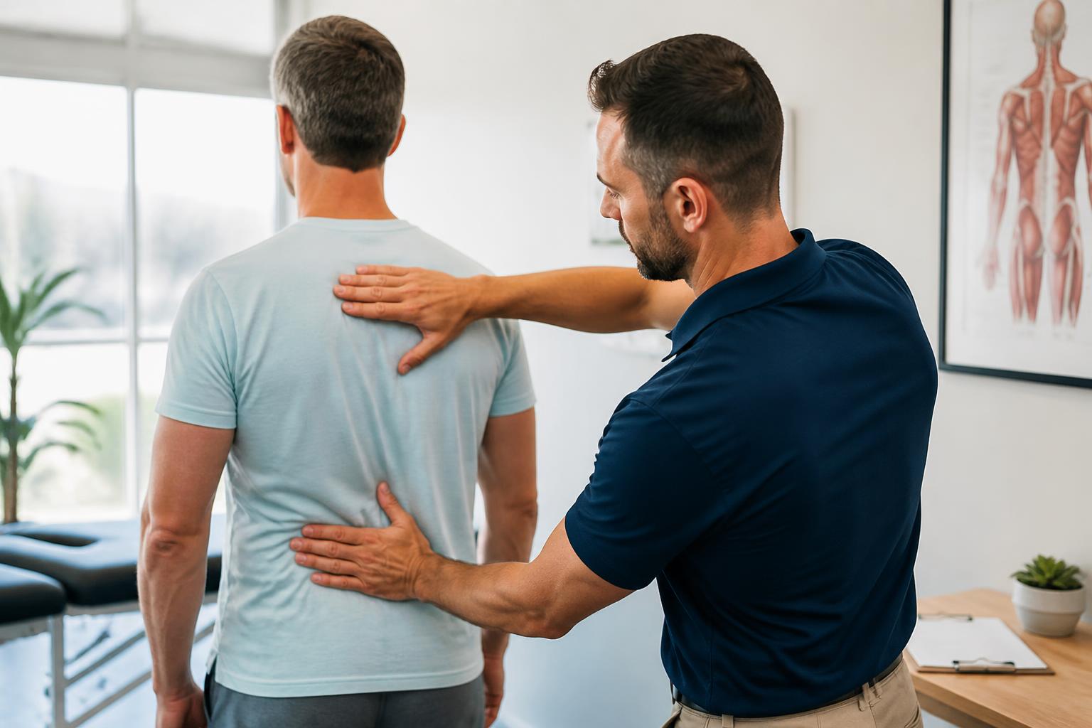 Arvada chiropractor performing a posture and spinal mobility evaluation on a standing patient